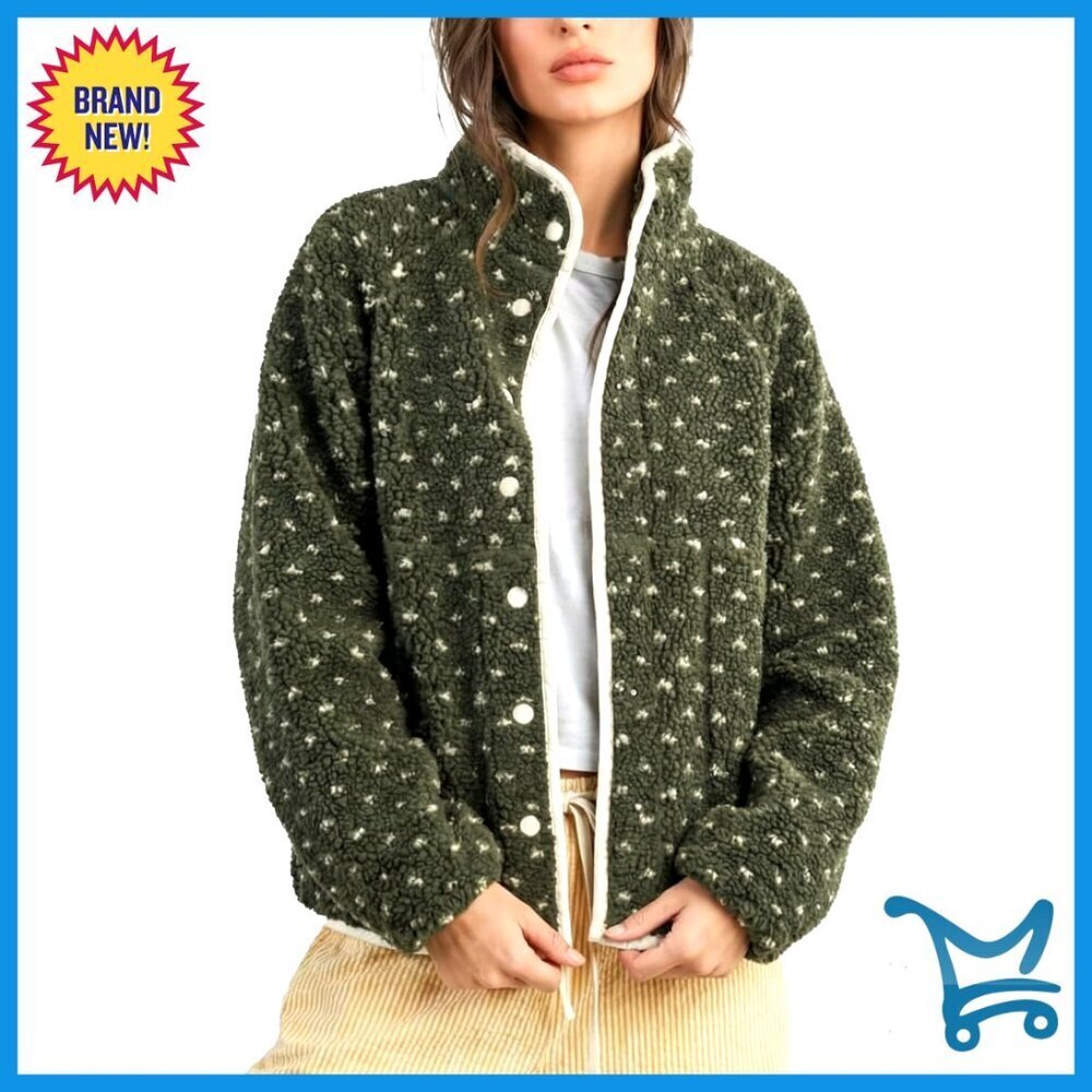 Oversized Sherpa Puffer Jacket Long Sleeve Button Down High Neck Polka Dot